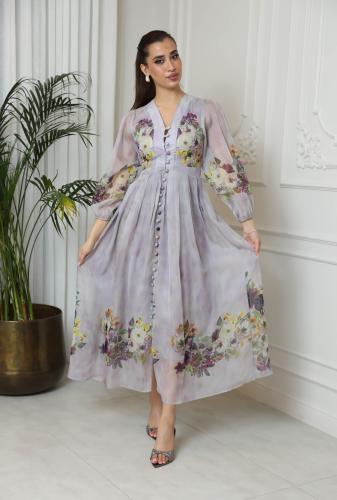 فستان طويل شيفون بطابع مورد ~