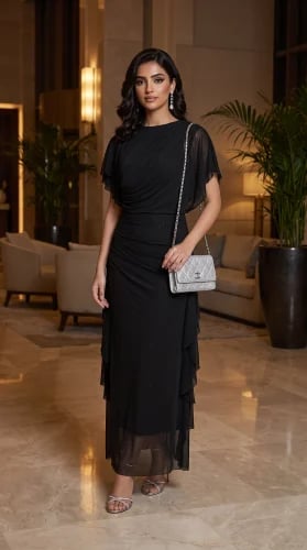 Black Crystal-Embellished Chiffon Evening Dress
