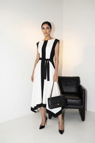 فستان ميدي أبيض وأسود غريس كريب