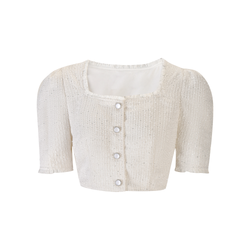 بلوزة جاكار اوف وايت بخيوط لامعة وحبات ترتر