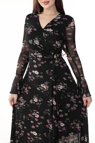 فستان تل ناعم اسود بطابع مشجر