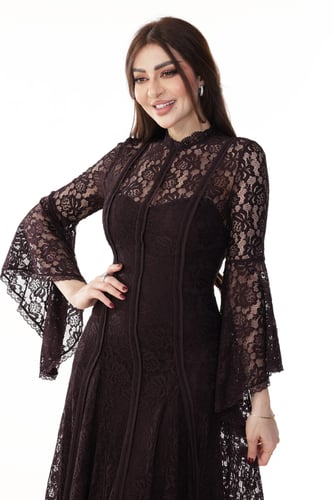 فستان دانتيل موف داكن باكمام طويلة