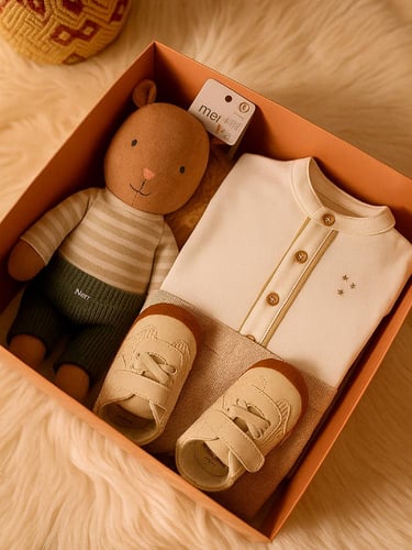 إطلالة راقية للمولود: طقم ماماز & باباز + لعبة مذر...