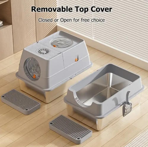 لتر بوكس ستاليس ستيل مغلق لفضلات للقطط مع مجرف بأل...