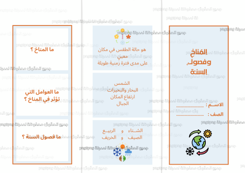مطوية المناخ وفصول السنة مادة العلوم للصف الثالث ا...