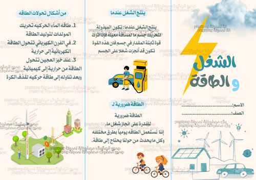 مطوية الشغل والطاقة علوم لصف خامس الفصل الدراسي ال...