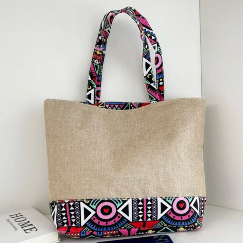 حقيبة بلون الخيش ولوان هندسية