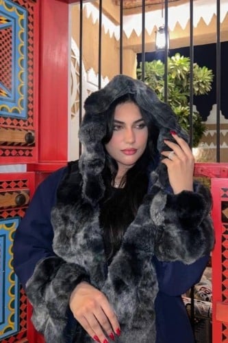 فروه نسائي جوخ بفرو ارنب مع قبعه وجيوب - بدون فرو...