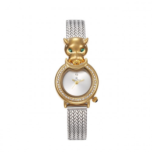 ساعه نسائية فضي اطار ذهبي شكل نمر