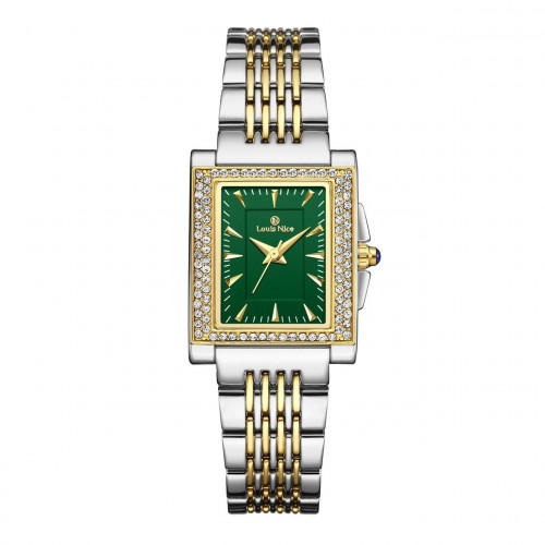 ساعة نسائية مستطيلة ذهبي وفضي مينا خضراء