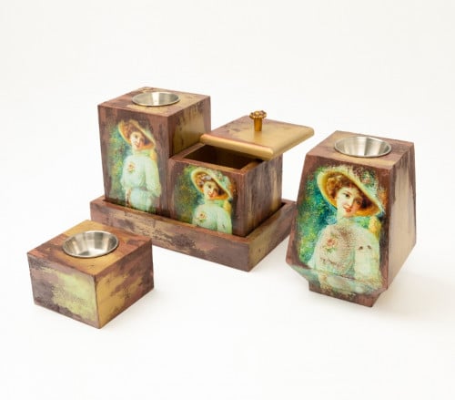 طقم مباخر خشبي بفن الديكوباج