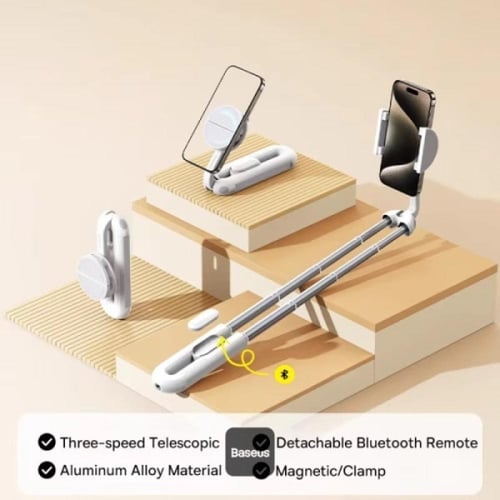 بيسوس تيك شوت عصا سيلفي وستاند للجوال - ابيض