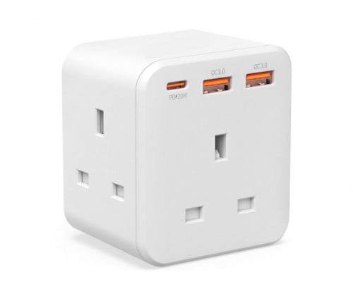 محول بـ 3 مقابس uk للكهرباء و 3 منافذ شحن يدعم QC3...