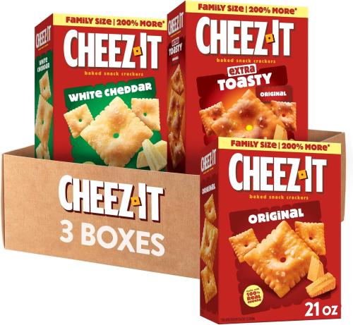 Cheez-It مقرمشات الجبن المخبوزة، عبوة متنوعة من 3 نكهات (أصلية، محمصة للغاية، شيدر أبيض)، حجم عائلي، 21 أونصة (عبوة من 3 قطع)