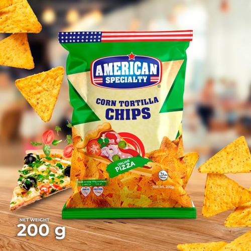 Corn tortilla chips with pizza flavor from America...