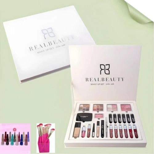 طقم مكياج متكامل لون ابيض من ريال بيوتي مع عشر فرش...