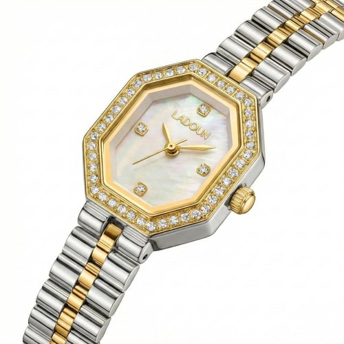 ساعة نسائية من لادون بلون فضي و ذهبي مينا أبيض