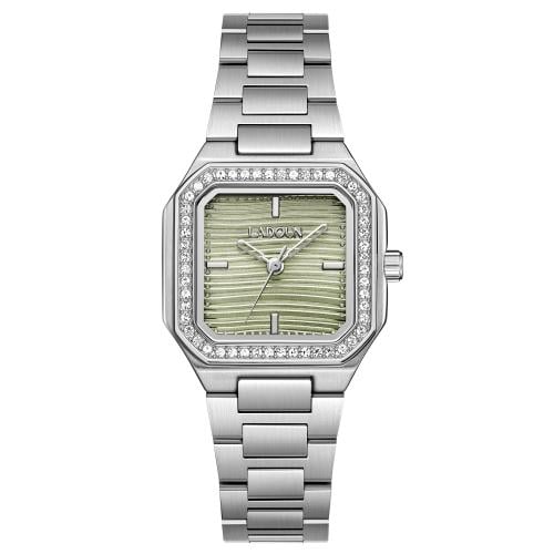ساعة نسائية من لادون بلون الفضي مينا اخضر فاتح