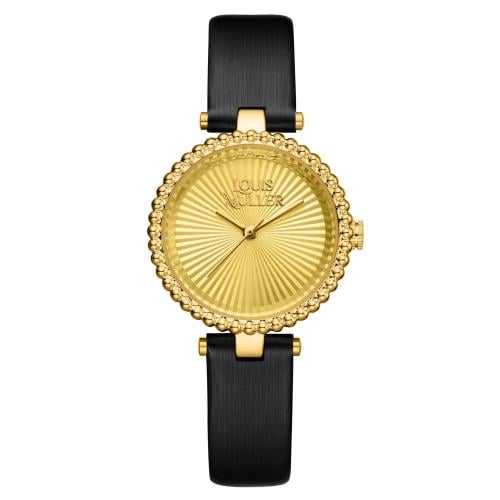 ساعة نسائية فاخرة بميناء ذهبي وسوار أسود أنيق