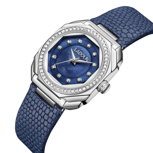 ساعة نسائية جلد لون أزرق من لادون