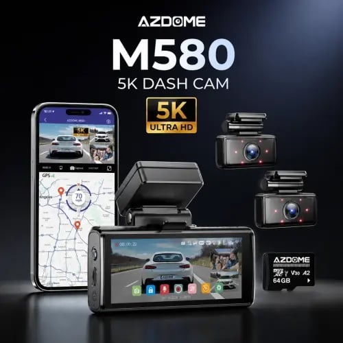 Dash cam AZDOME M580 5K resolution | Touch screen and 5G Wi-Fi with 64GB free memory (2 or 3 cameras)