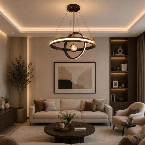 ثريا علاقي LED مودرن حلقات هندسية – بني -بثلاث اضا...