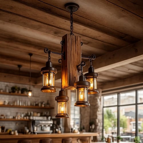 علاقي ريفي خشبي بـ 4 فوانيس – قاعدة E27