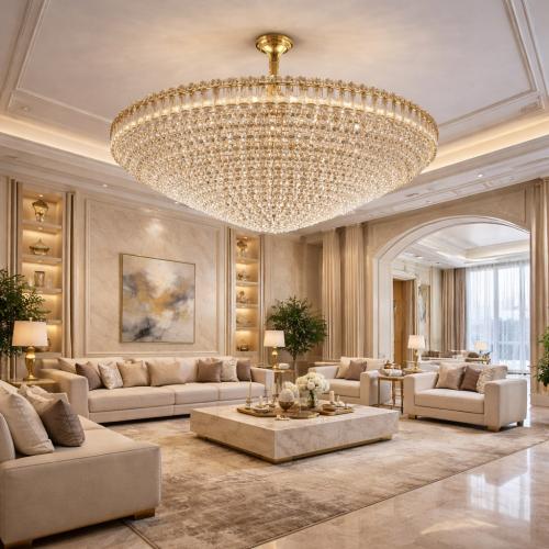 ثريا كريستال فاخرة دائرية ذهبية قطر 150 سم