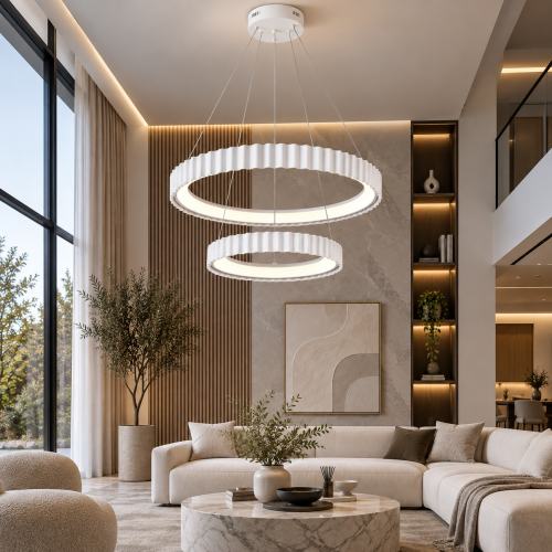 ثريا حلقات LED مودرن ابيض مطفية مقاس 60 و40 سم بإض...
