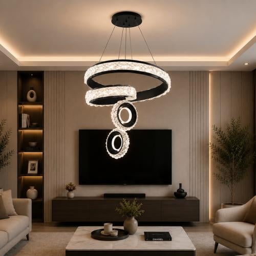 ثريا كريستال مودرن متعددة الحلقات LED – اسود – ثلا...