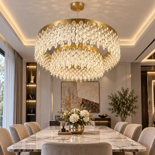 ثريا كريستال LED دائرية طبقتين 60 و40 سم مع ريموت