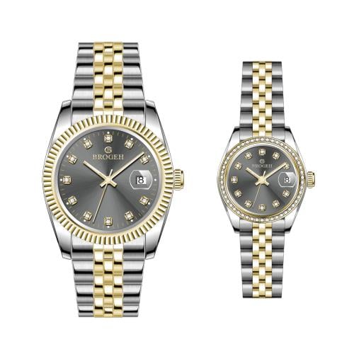 طقم ساعه رجالي ونسائي بروجيه 24006 لونين ذهبي مينا...