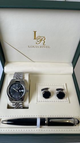 طقم ساعه رجالي ارقام عربي LR2415 فضي ميناء اسود