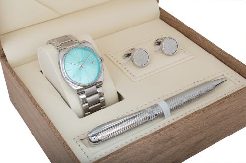 طقم ساعه رجالي لويس ريفال23006 فضي ميناء سماوي