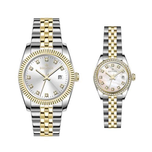 طقم ساعه رجالي ونسائي بروجيه 24006 لونين ذهبي مينا...