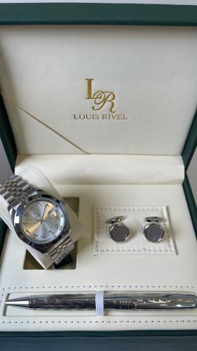 طقم ساعه رجالي ارقام عربي LR2415 فضي ميناء ابيض