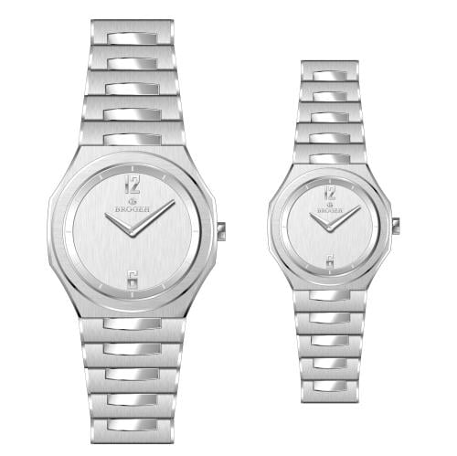 طقم ساعه رجالي ونسائي بروجيه 24004 فضي ميناءابيض