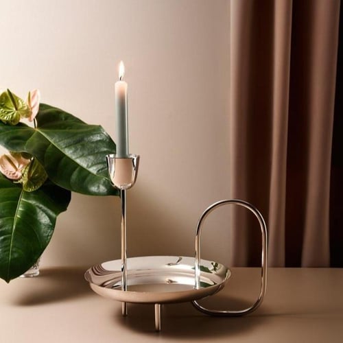 صينية تقديم وحامل لشمع باللون الفضي