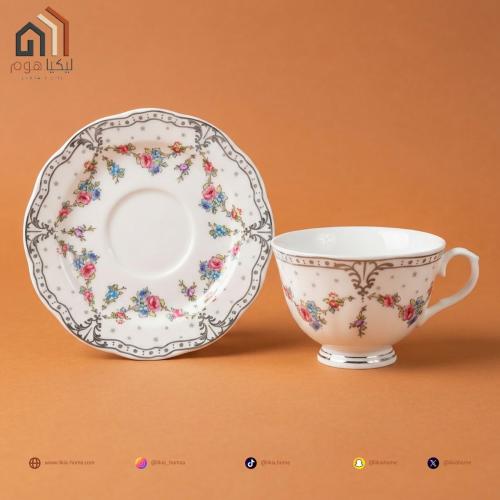 كاسة مع صحن سيراميك بألوان ونقوش جذابة وأنيقة