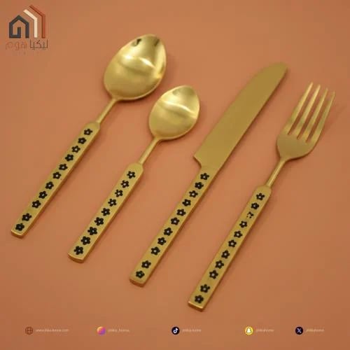 طقم ملعقة مع سكينة مع شوكة فاخر ذهبي مطفي وردة