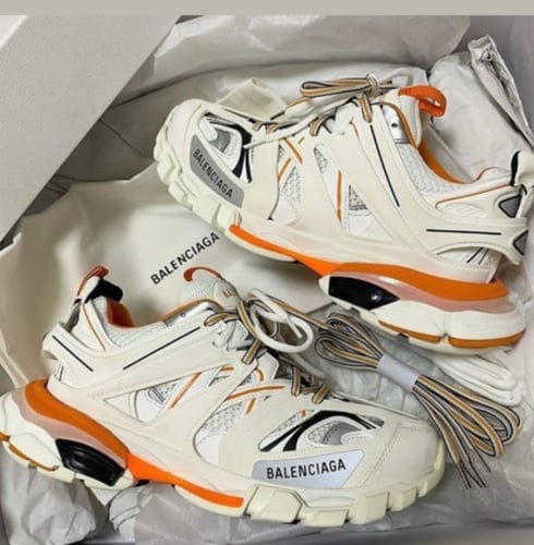 BALENCIAGA TRACK WHITE & ORANGE logo-detailed mesh...