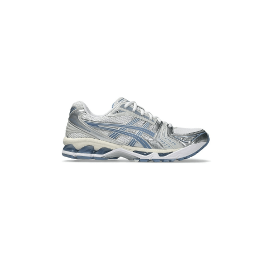 حذاء ASICS GEL-KAYANO 14 فضي معدني وأزرق وأبيض – أناقة وراحة استثنائية