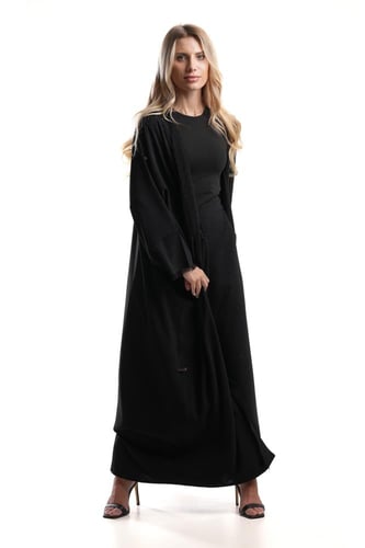 عباية سوداء مزينة بخيوط كحلية مع بنطلون - Amila