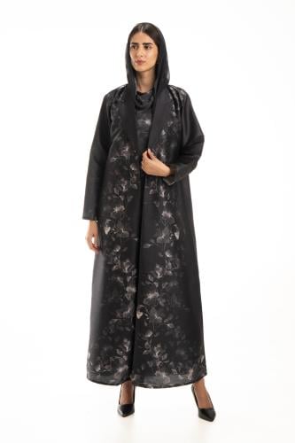 عباية سوداء تفتة فاخرة بنقشات ورد - Violet