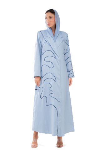 عباية بليزر سماوي صيفية لينن طرزت باللون الازرق