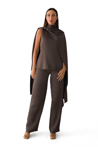 توب بني بوشاح ثابت مع بنطلون - Dankia