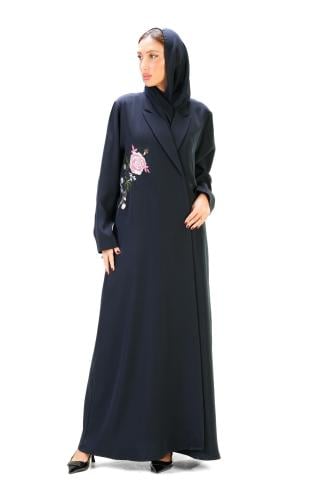 عباية كحلي كريب بتطريز على شكل ورد
