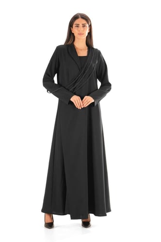 عباية بليزر سوداء كريب زينت بثلاث جدائل - Turaath