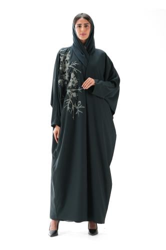 عباية زيتي كريب مع فستان بنقشات مميزة - Manda II
