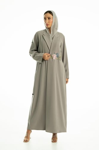 عباية زيتي كريب بتطريز على شكل ورد - Rosalie